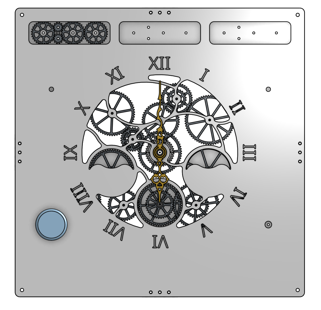 CAD render of the clock face and gear train